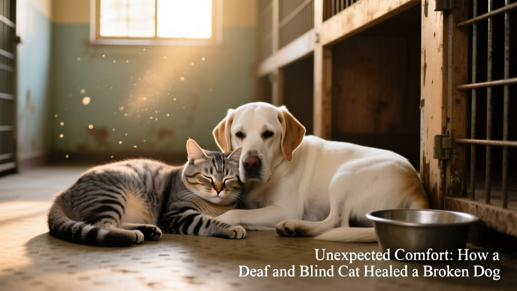 A blind, deaf senior cat resting gently against a trembling senior dog in a shelter kennel