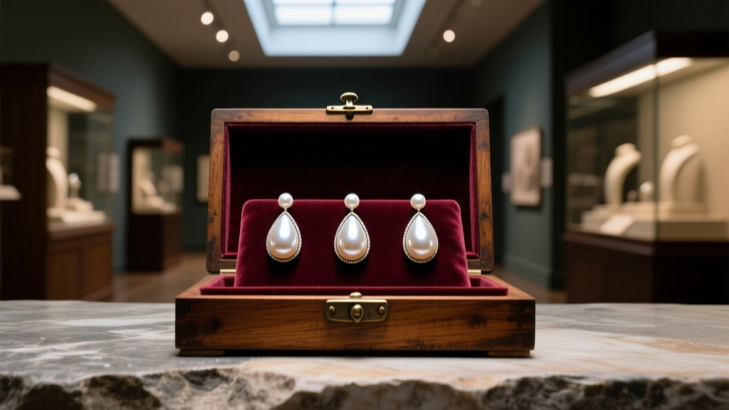 Elegant display of three teardrop pearl earrings in a velvet-lined antique wooden jewelry box inside a dimly lit museum gift shop.