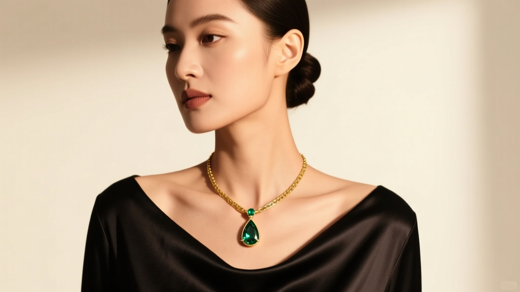 Woman wearing a gold emerald lariat necklace with a teardrop slider over a dark silk top, captured in warm, soft studio lighting.