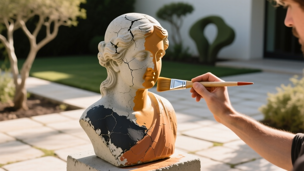 Weathered concrete garden statue being painted with a breathable mineral silicate coating using a fine bristle brush in natural sunlight