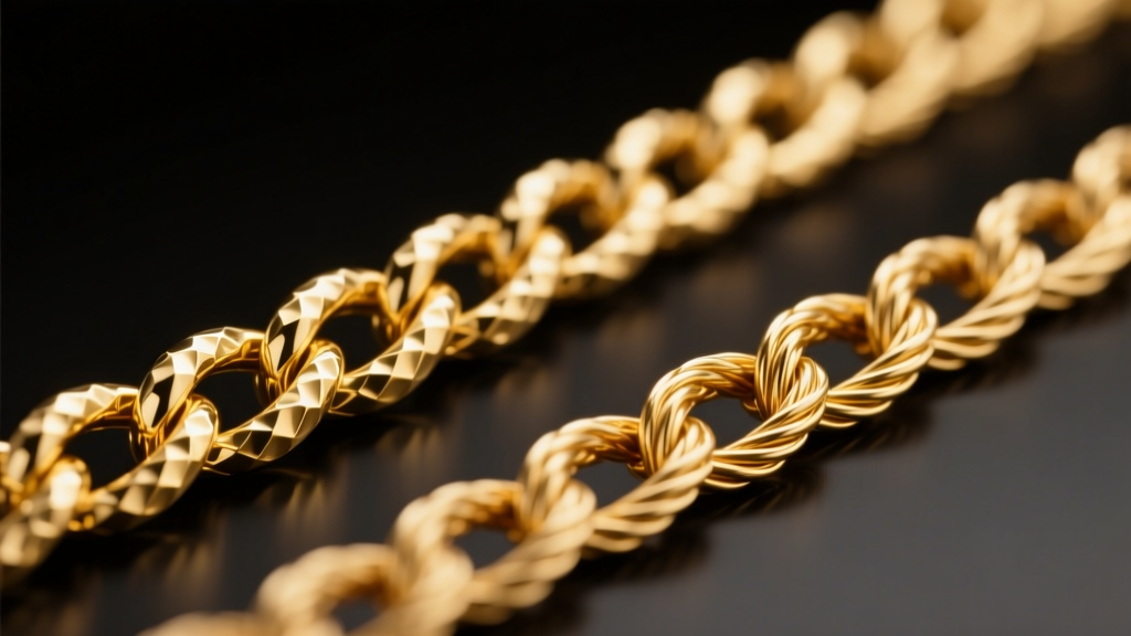 Macro view of 10k rope and 18k cable gold chains showing distinct links and warm color tones under bright studio lighting.