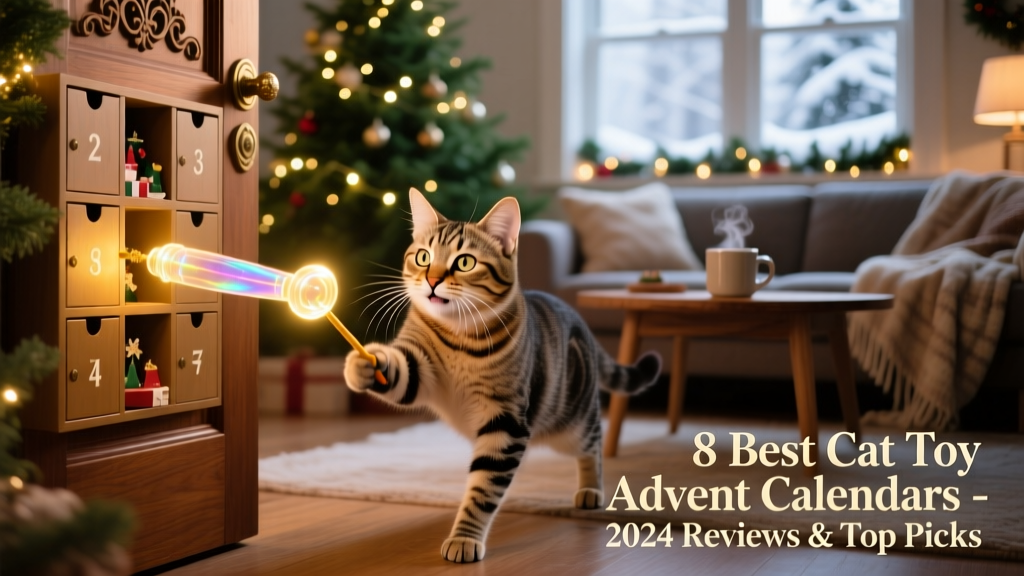 A happy tabby cat interacting with a FurPetVo teaser wand pulled from an advent calendar door, with soft natural light and a festive background