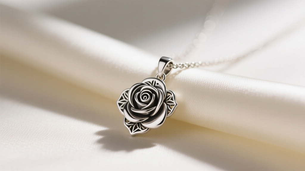 Sterling silver James Avery rose pendant necklace on cream silk fabric, soft natural window lighting, macro jewelry photography.