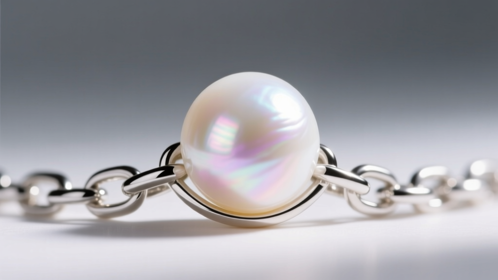 Macro shot of a white Akoya pearl resting on a polished rhodium-plated sterling silver chain link under soft diffused lighting.