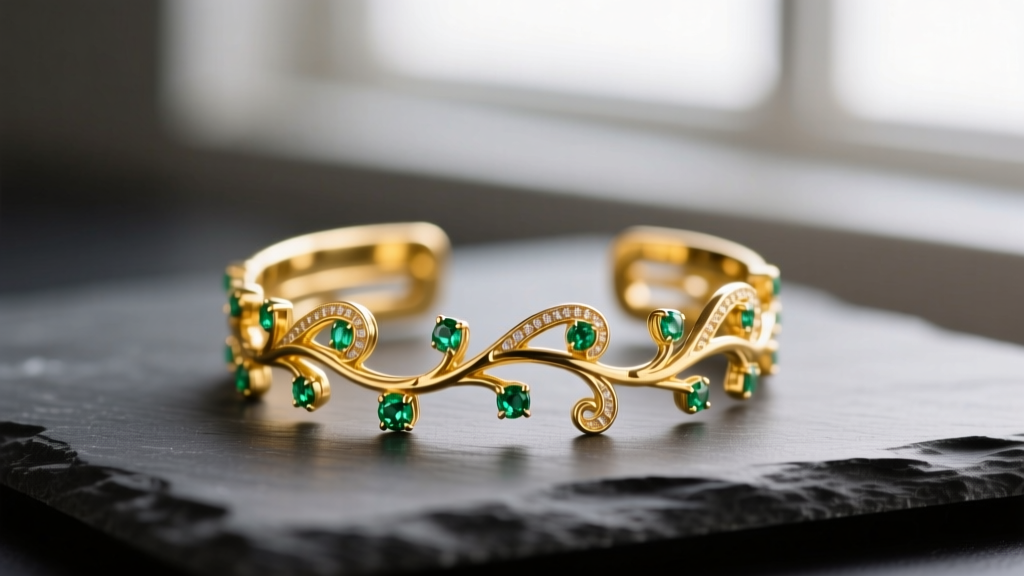 Macro shot of an 18k yellow gold ear wrap with a delicate vine motif and tiny emerald accents, resting on a dark slate surface.