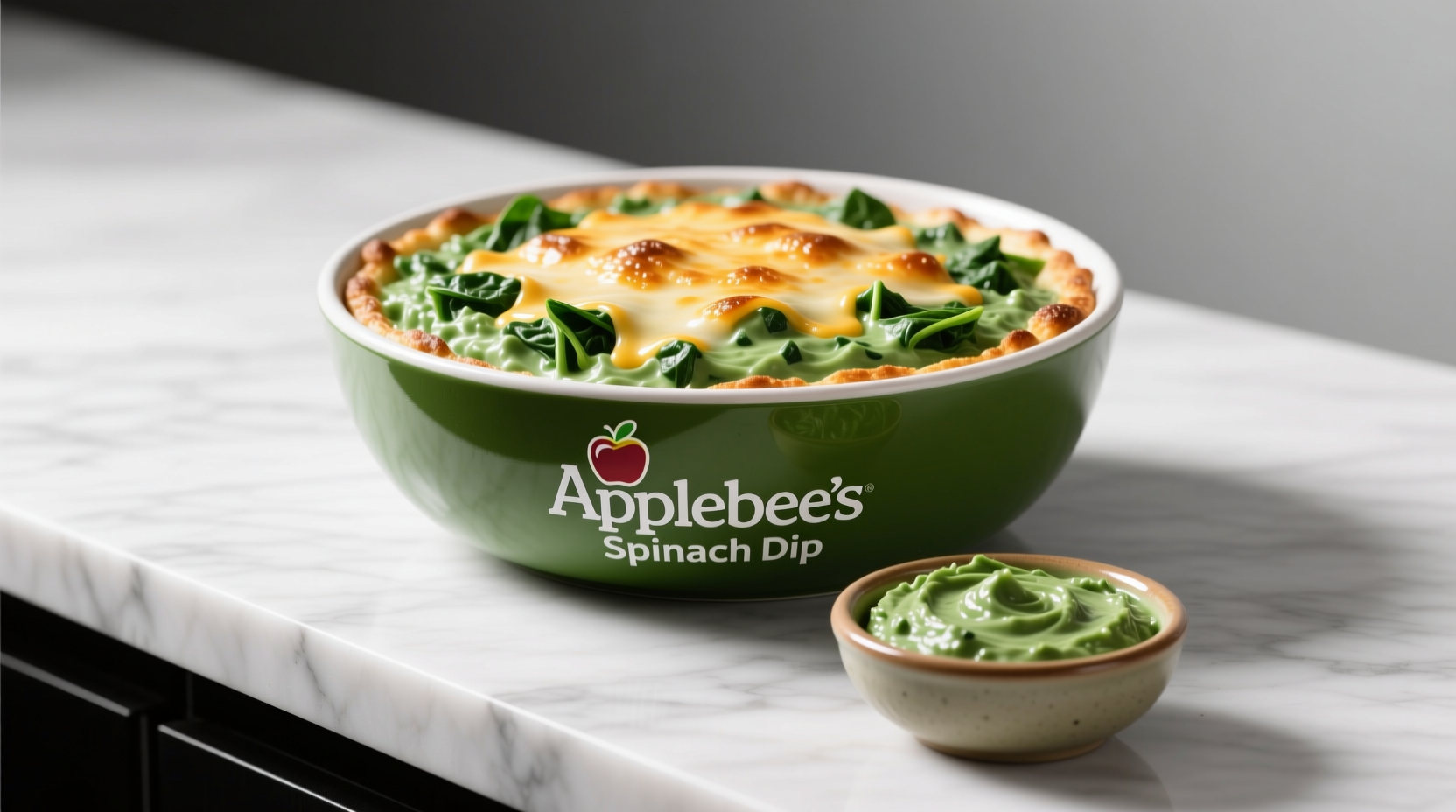 Side-by-side comparison: oversized restaurant spinach dip portion (left) versus realistic homemade half-portion showing proper cooked volume after 5 minutes