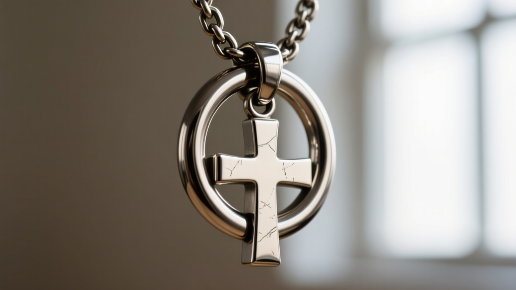 Macro shot of a thick steel jump ring connecting a heavy cross pendant to a Franco chain, showing zero metal deformation