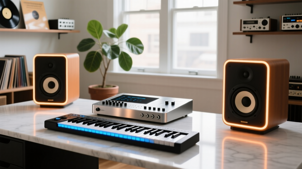 A modern home music studio desk featuring a sleek audio interface, a 49-key MIDI controller, and studio monitor speakers glowing with warm LED lights