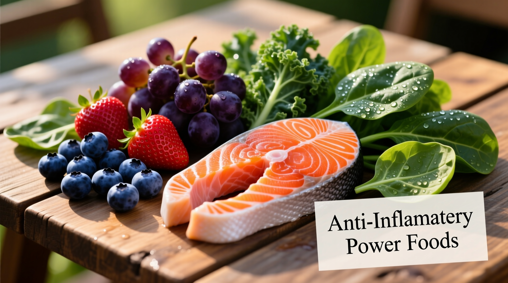 Colorful anti-inflammatory foods including berries, leafy greens, and salmon