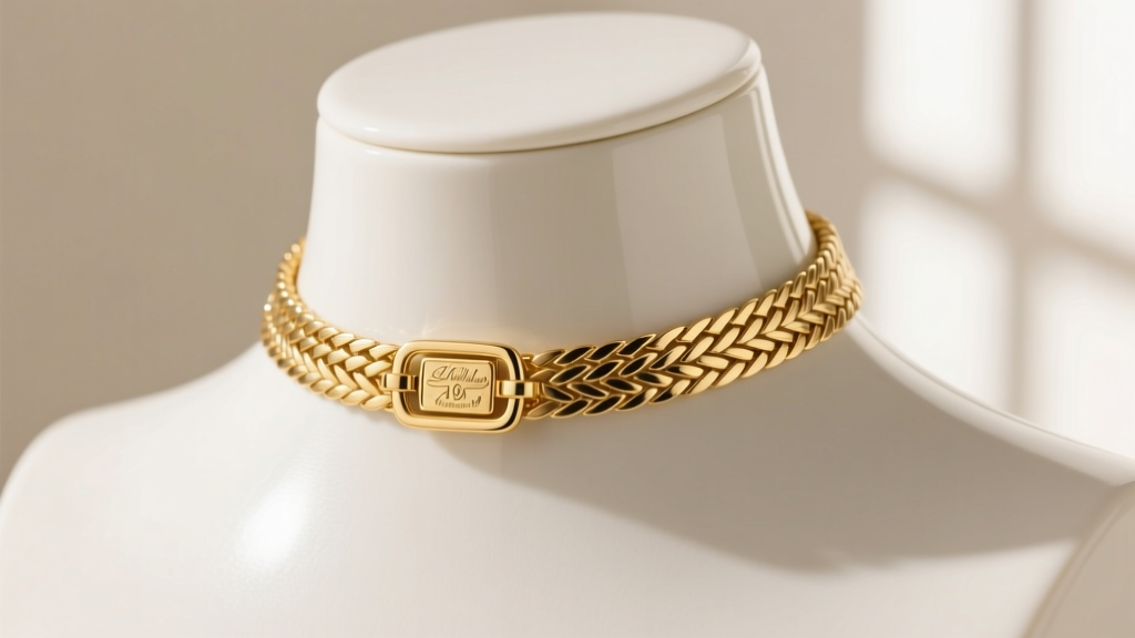 Close-up of a 15-inch 18k gold herringbone choker resting on a mannequin neck, highlighting the precise drape and clasp