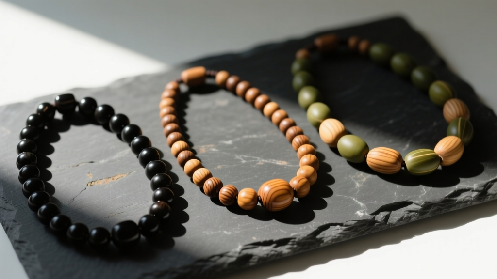 Flat lay of three vintage wood bead necklaces in ebony, sandalwood, and olive wood, arranged neatly on a dark raw slate surface.