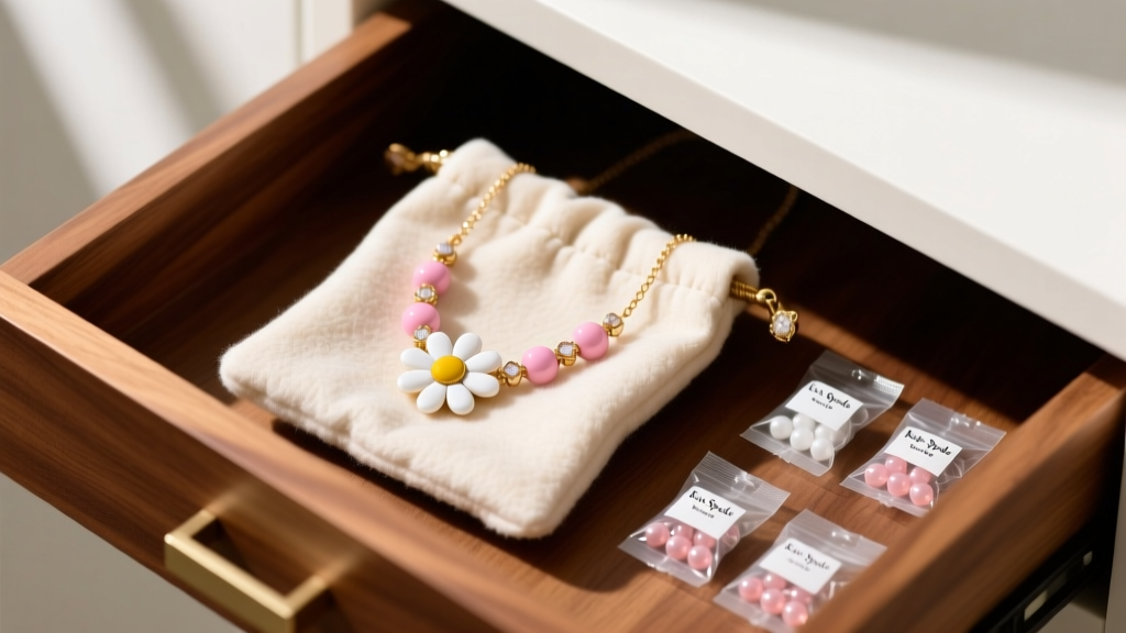 Kate Spade daisy necklace stored in an anti-tarnish flannel pouch beside silica packets inside a neat wooden jewelry drawer.