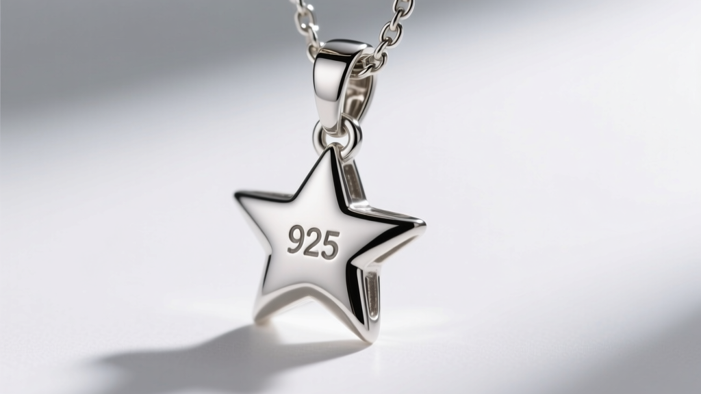 Macro shot of a sterling silver star necklace chain showing the 925 hallmark stamp and a secure lobster clasp mechanism.