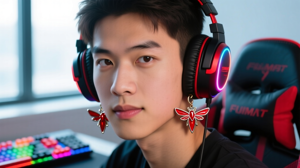 Close-up of gamer wearing red enamel Hornet dangle earrings, with blurred RGB gaming headset and mechanical keyboard in background