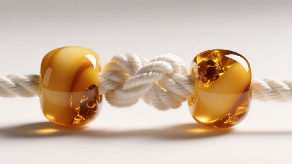 Macro shot of a hand-tied safety knot between two smooth barrel-shaped Baltic amber beads on a strong white cotton thread