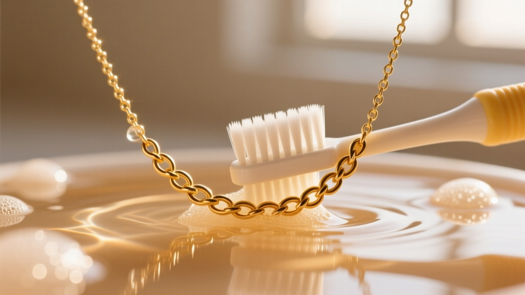 A soft-bristled baby toothbrush gently cleaning the woven links of a gold foxtail chain necklace submerged in warm soapy water.