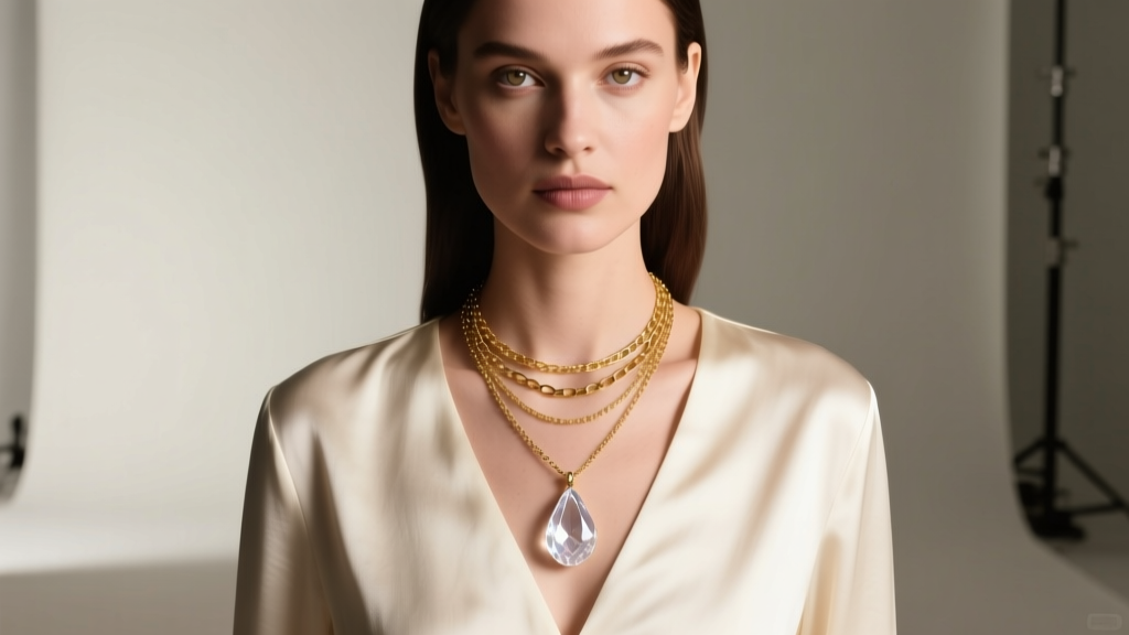 Woman wearing a layered gold chain with a clear quartz crystal teardrop necklace on a silk blouse, lit by soft studio lighting