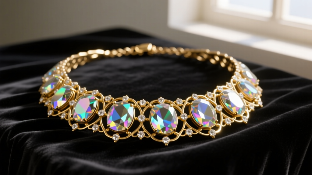 Vintage 1960s gold-tone Sarah Coventry collar necklace with large aurora borealis glass rhinestones resting on a dark velvet.
