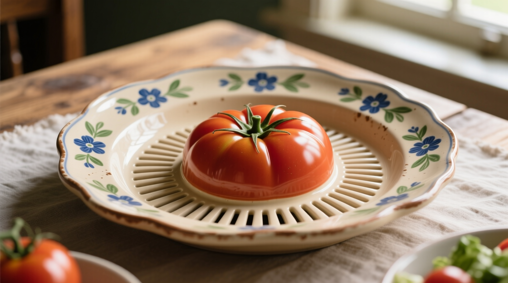 Vintage ceramic tomato serving plate with drainage grooves