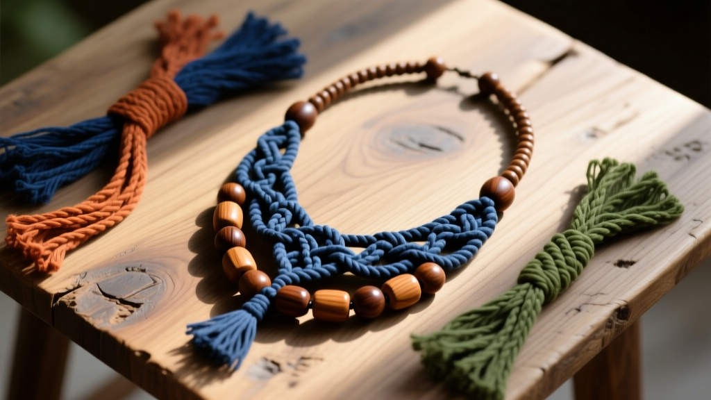 Overhead flat lay of natural and dyed hemp cords, wooden beads, and a finished macrame hemp necklace on a rustic oak table