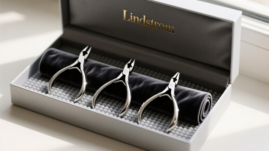 An opened holiday gift box revealing a velvet roll holding three polished Lindstrom jewelry pliers and a gray bead mat.