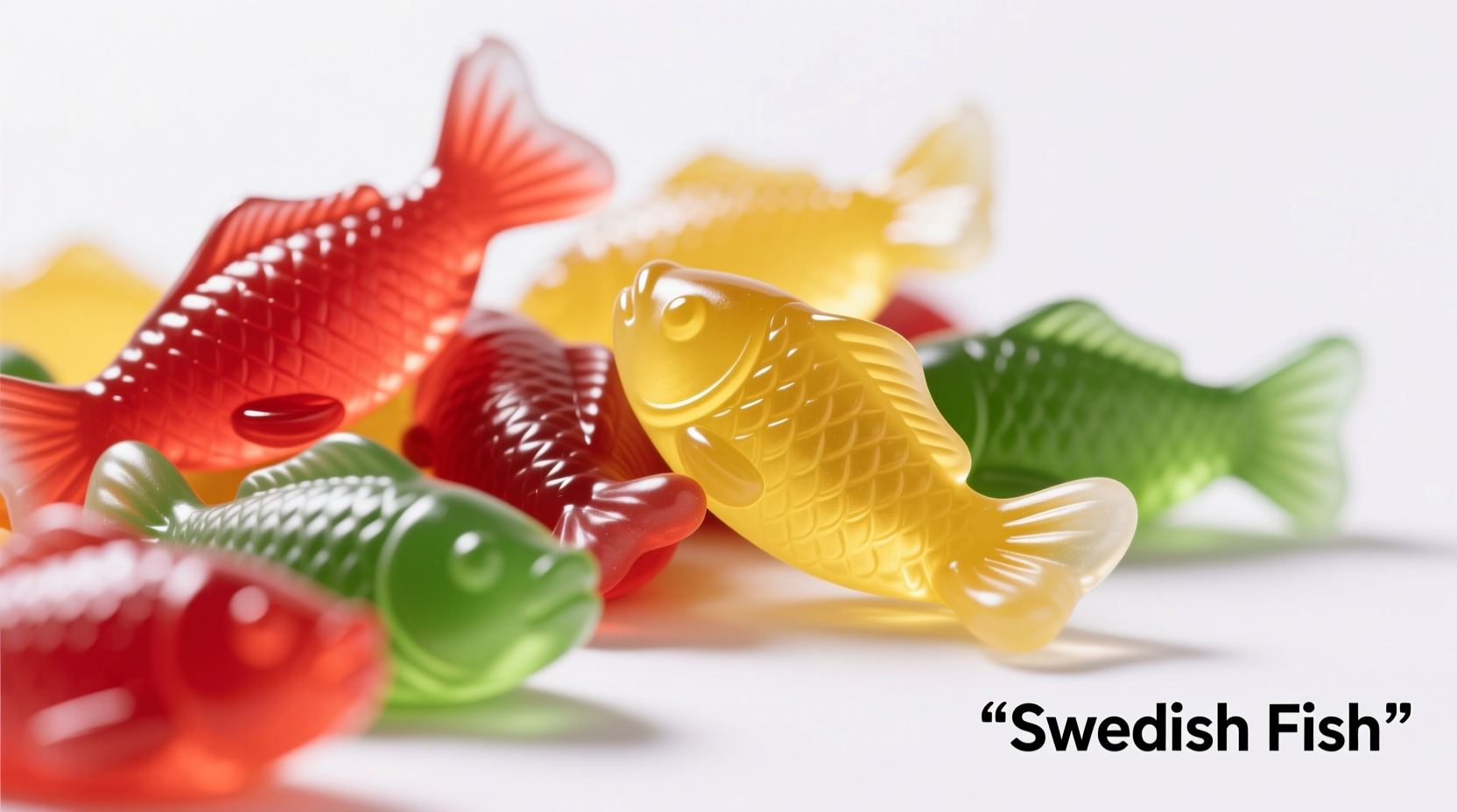 Close-up of assorted Swedish Fish candies on white background