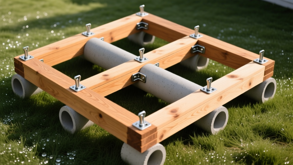 Overhead layout of an 8x8 wooden deck frame with stacked pressure-treated lumber, concrete sonotubes, and joist hangers on grass