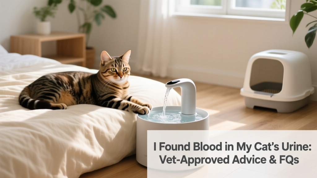 Cat comfortably resting on a soft bed beside a water fountain and clean litter box