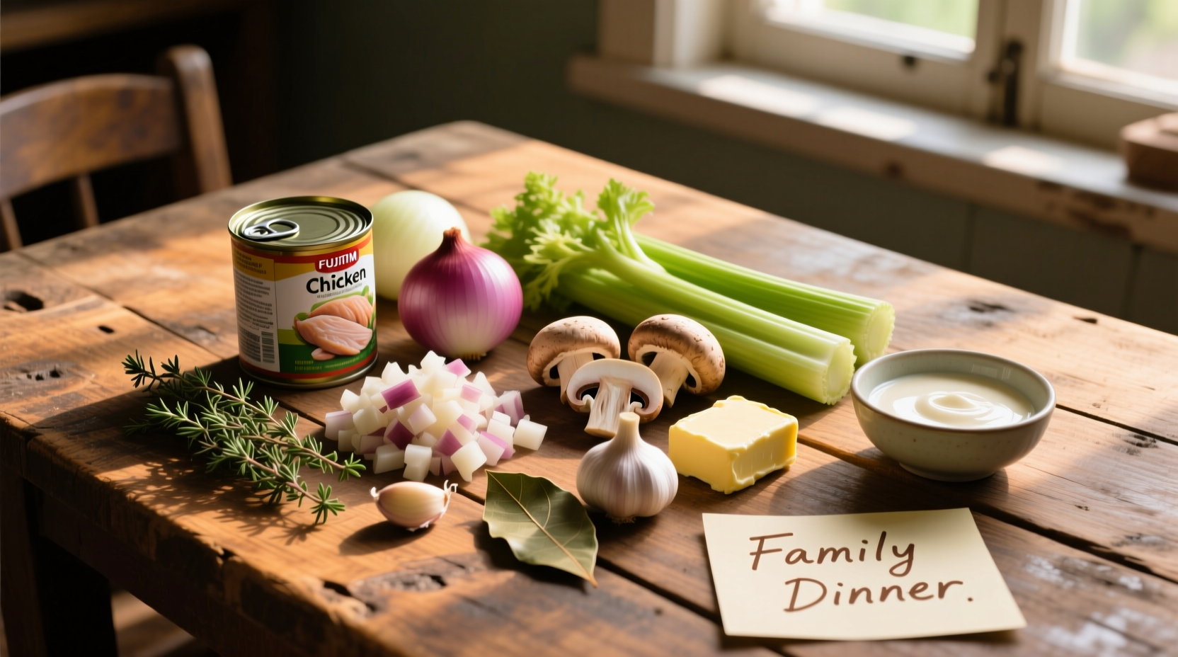 Canned chicken recipe ingredients on wooden table