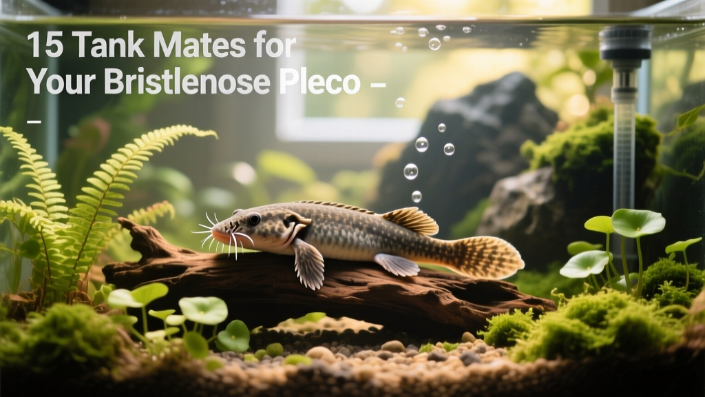 A calm, well-planted aquarium with a Bristlenose Pleco resting on driftwood near the substrate