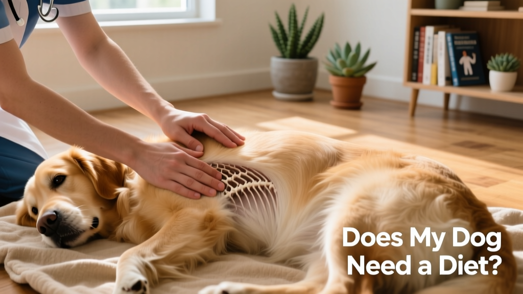 Close-up of hands gently feeling a dog's ribcage to demonstrate proper rib palpation technique