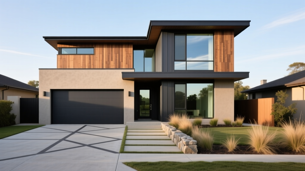 Modern two-story 2000 sq ft home exterior with mixed-material siding, large energy-efficient windows, and stamped concrete driveway