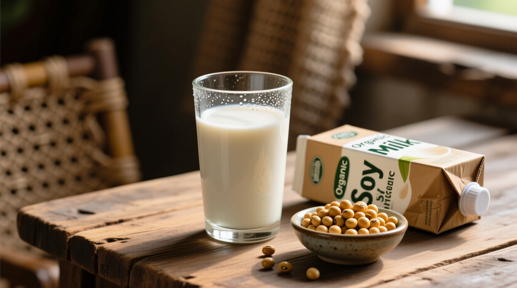 Glass of soy milk next to soybeans and carton