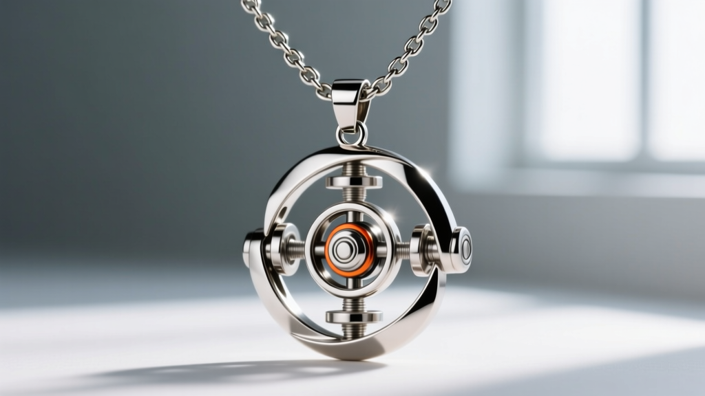 Steel box chain threading through a dual-axis kinetic gimbal bail on a heavy, asymmetrical sports-themed necklace pendant.