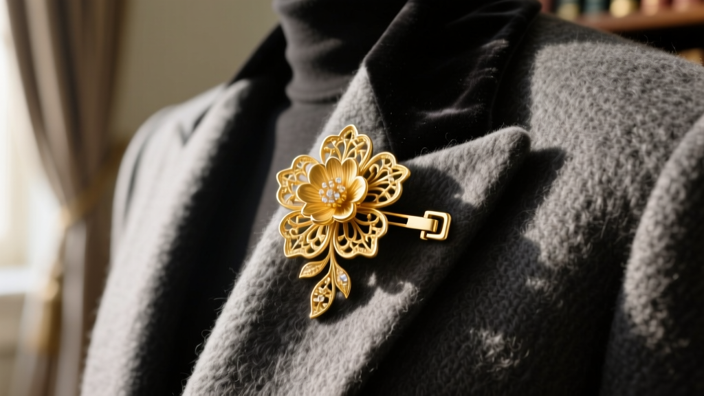 Vintage gold floral jewelry brooch with a locking safety clasp pinned securely to a thick charcoal wool lapel in soft light