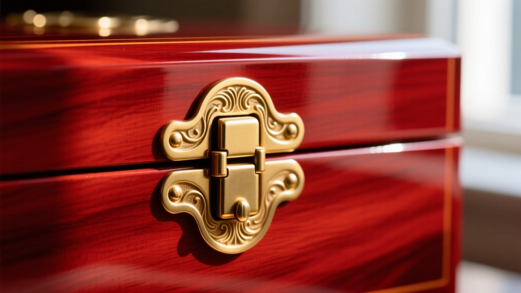 Macro shot of brass hinges on a red lacquered wood jewelry box, half-polished to reveal bright and reflective gold metal tones.