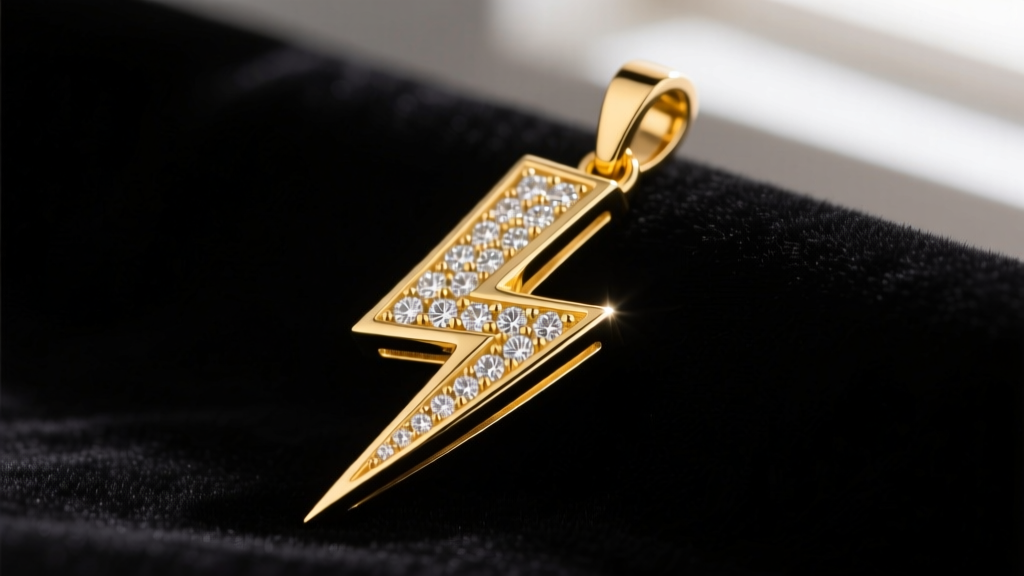 Macro shot of a 14k yellow gold TCB lightning bolt pendant on black velvet, showing diamond accents and polished bevels.