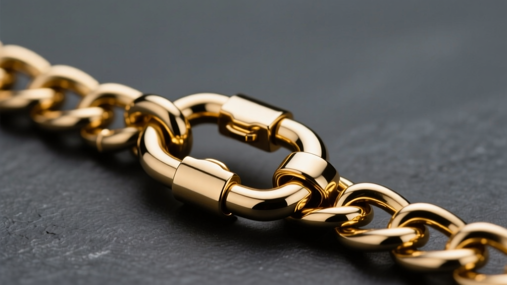 Close-up of a stainless steel box chain with PVD gold coating and a lobster clasp, photographed against a dark slate background