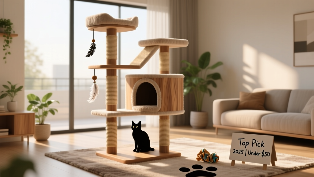 A compact, multi-level cat tree with a cozy condo, dangling toy, and sisal-wrapped posts in a modern living room setting