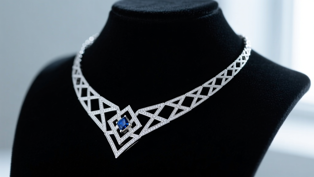 Side profile of a rhodium-plated sterling silver necklace reflecting cool bluish-white light on a matte black velvet jewelry bust.
