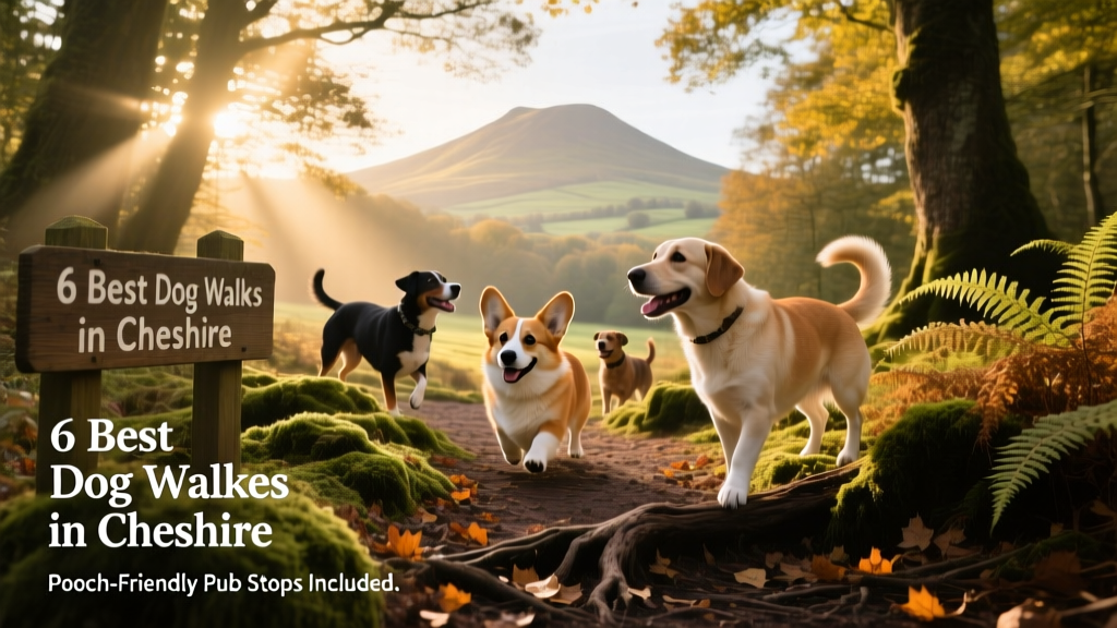 Dogs exploring shaded woodland trails in Delamere Forest, with Old Pale Hill visible in the background