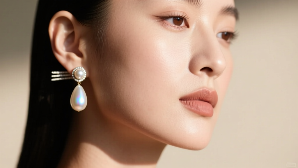 Profile of a woman with a square jaw wearing 11mm pearl drop earrings, showing how the teardrop shape softens facial features.