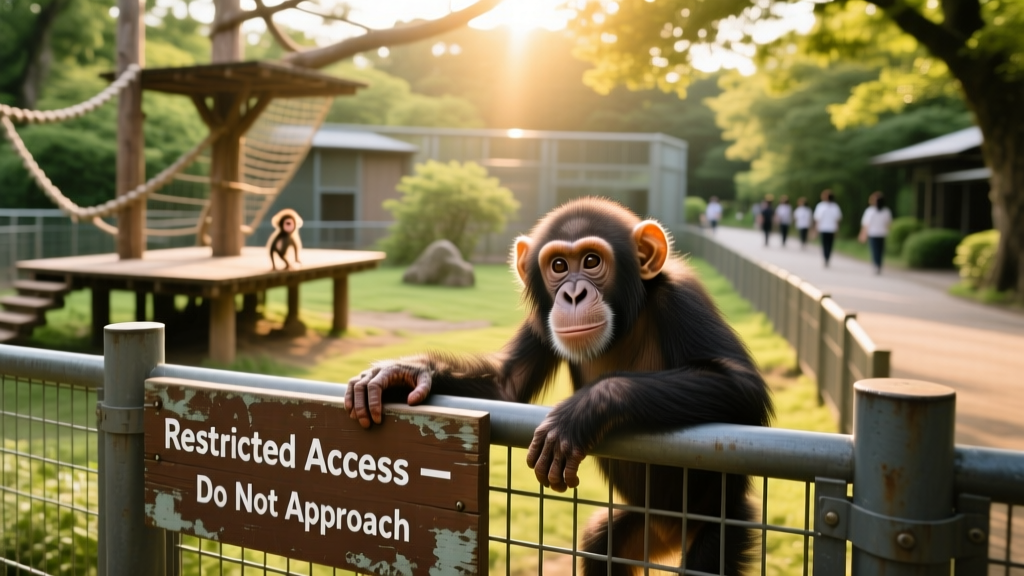 Ichikawa Zoo's outdoor primate enclosure with visible fencing and signage indicating restricted access