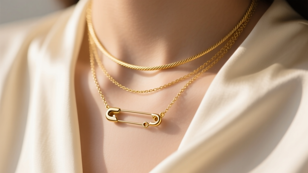 Close-up of a 22-gauge gold vermeil safety pin necklace layered with a cable chain against a soft cream silk blouse neckline.