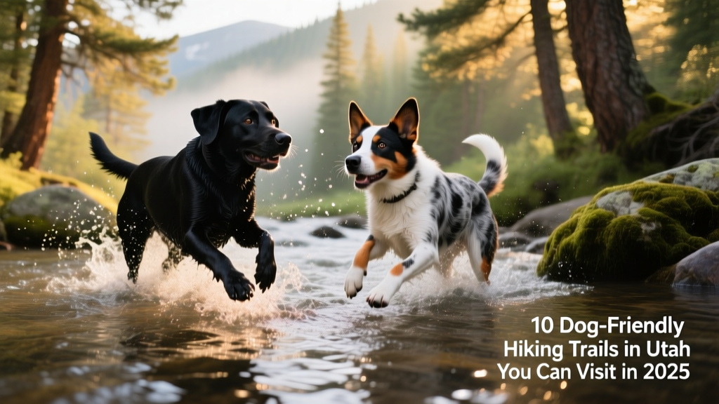 Two dogs—one black lab, one Australian cattle dog—splashing playfully in a shallow alpine stream surrounded by pine trees