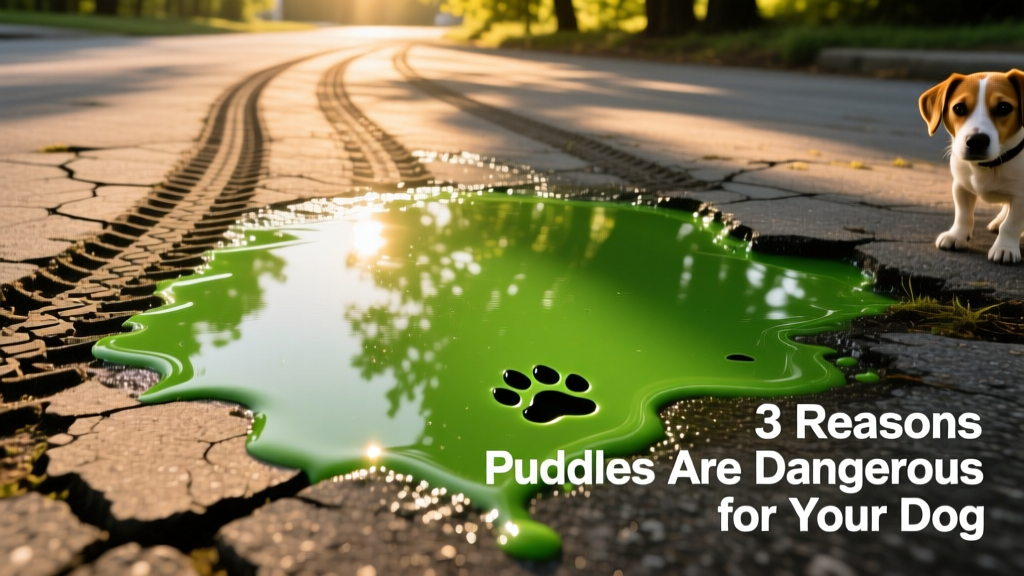Close-up of a spilled antifreeze puddle on asphalt next to tire tracks