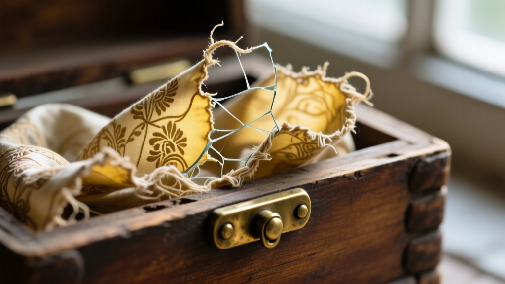 Macro shot of shattered antique silk lining inside a wooden box, showing fraying threads and yellowing near a tiny brass hinge.