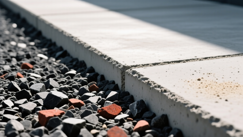 Compacted crushed gravel shed base adjacent to a poured concrete slab showing distinct aggregate textures and edge forms