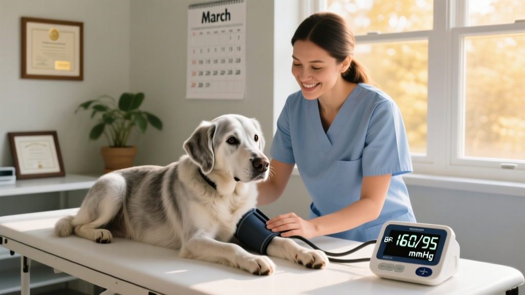 A calm senior dog resting beside a veterinarian during a gentle wellness exam