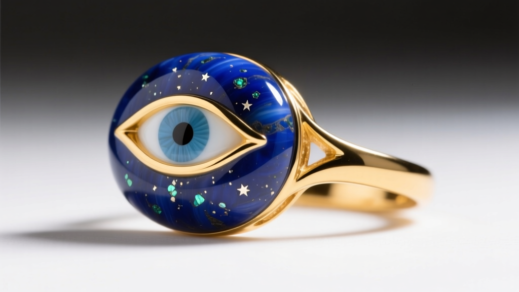 Side profile of a lapis lazuli evil eye carving set in 14k yellow gold, revealing natural pyrite flecks in the deep blue stone.